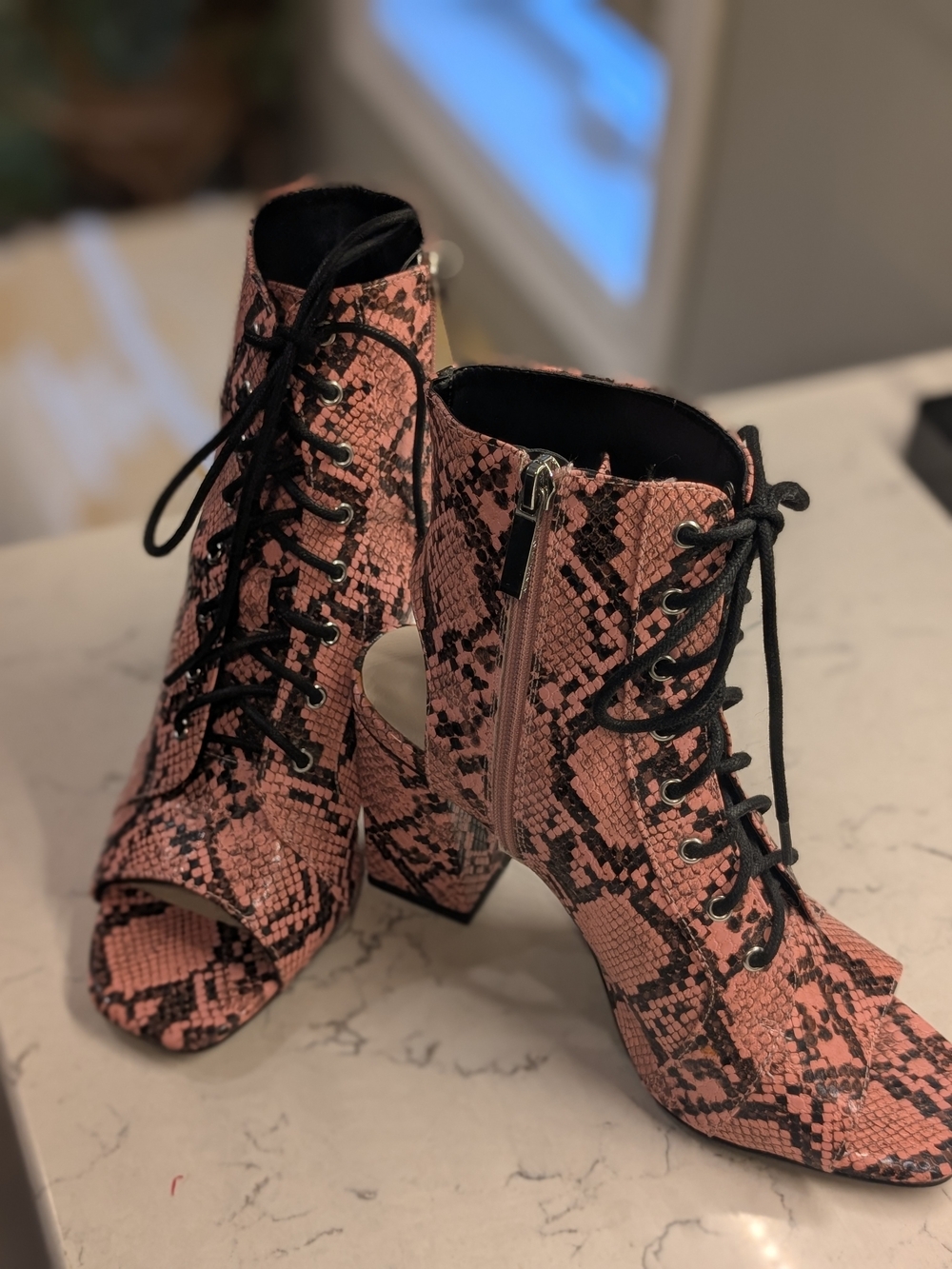 Kendall + Kylie Pink Snake-Print Lace-Up Peep-Toe Booties Size 8